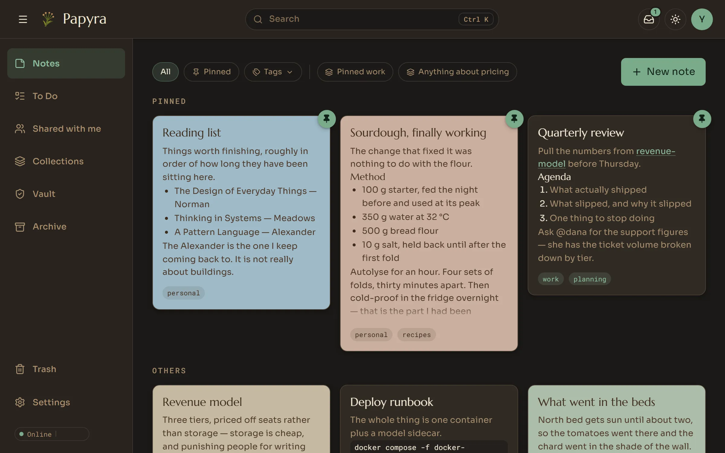 The Papyra desk in dark mode: colourful note cards in a grid, with a sidebar of collections