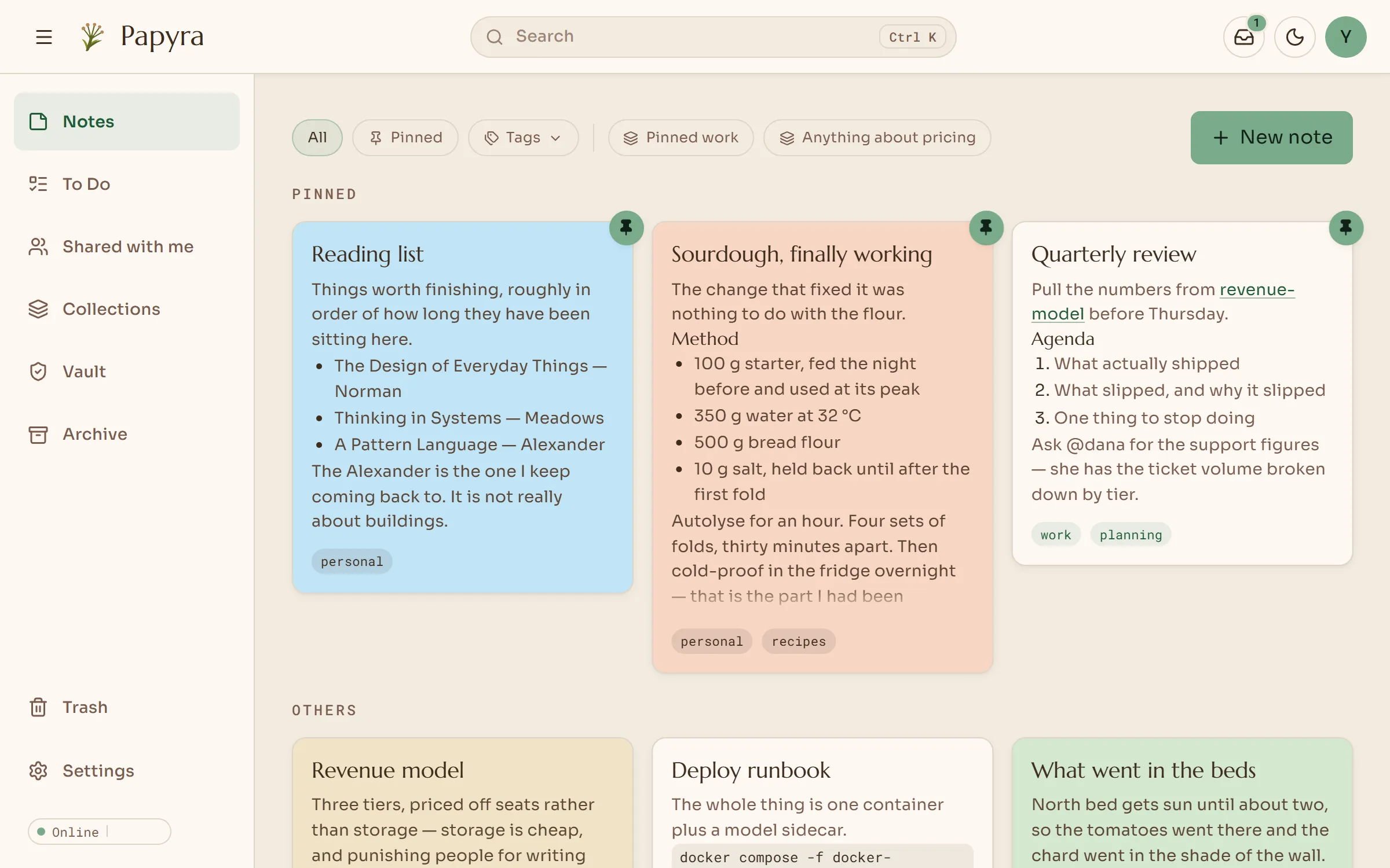 The Papyra desk: colourful note cards in a grid, with a sidebar of collections